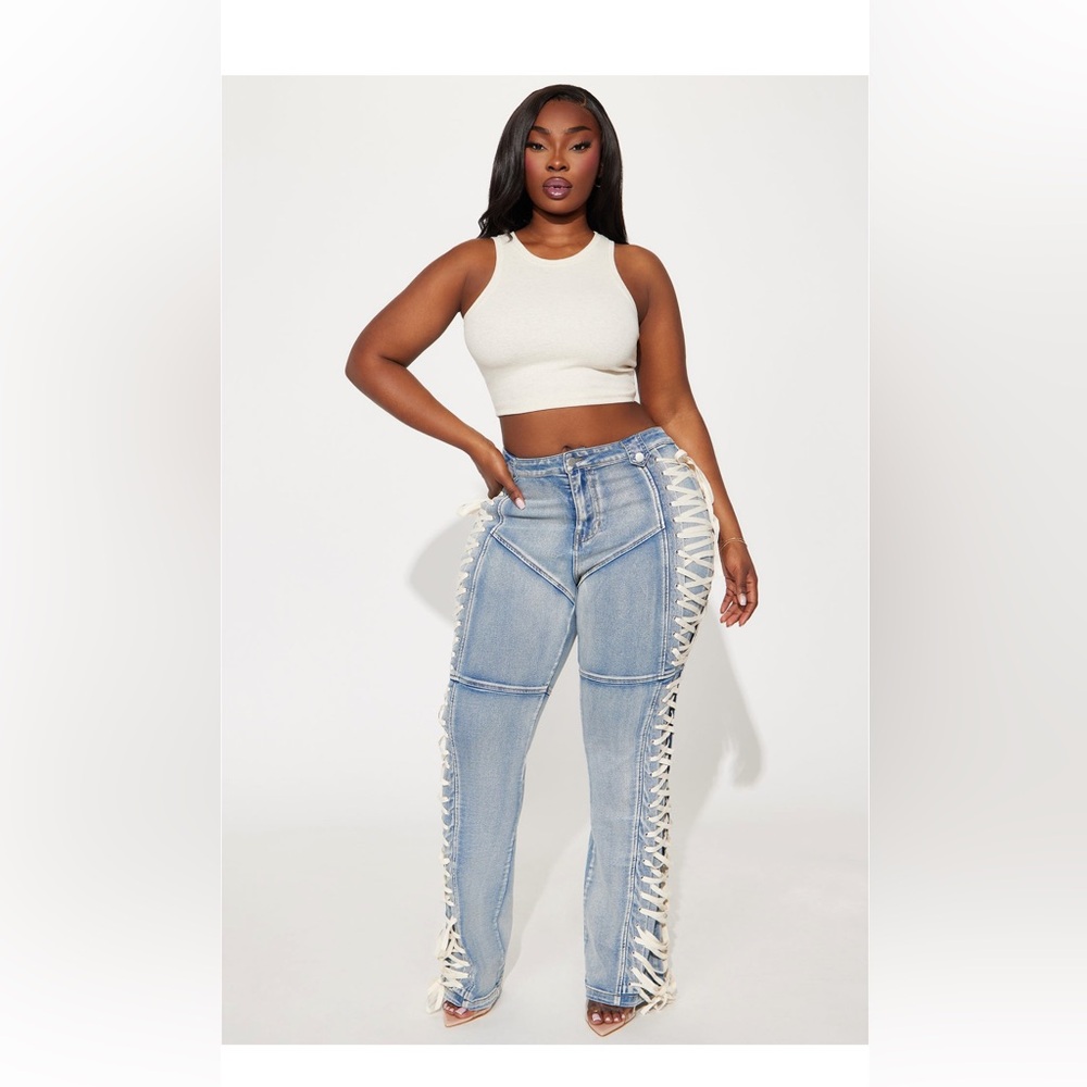 Fashion Nova Jaw Dropper Stretch Lace Up Bootcut Jeans - Medium Wash